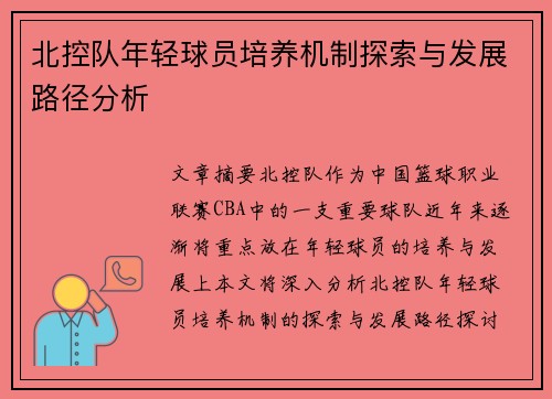 北控队年轻球员培养机制探索与发展路径分析
