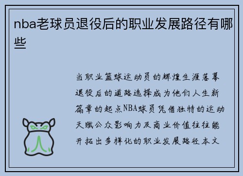 nba老球员退役后的职业发展路径有哪些